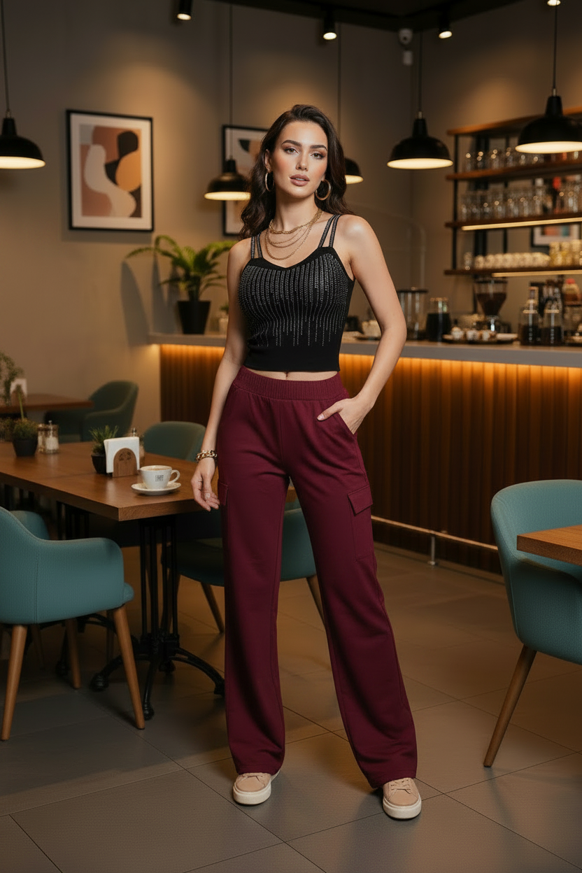 Pantalón Cargo Premium Mujer Cintura Elástica y Bolsillos | Negro Azul Vino Kaki Verde Gris