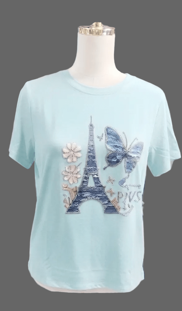 Paris Eiffel Tower Butterfly Graphic Tee | Women's Short Sleeve Top - Angelique Boutique
