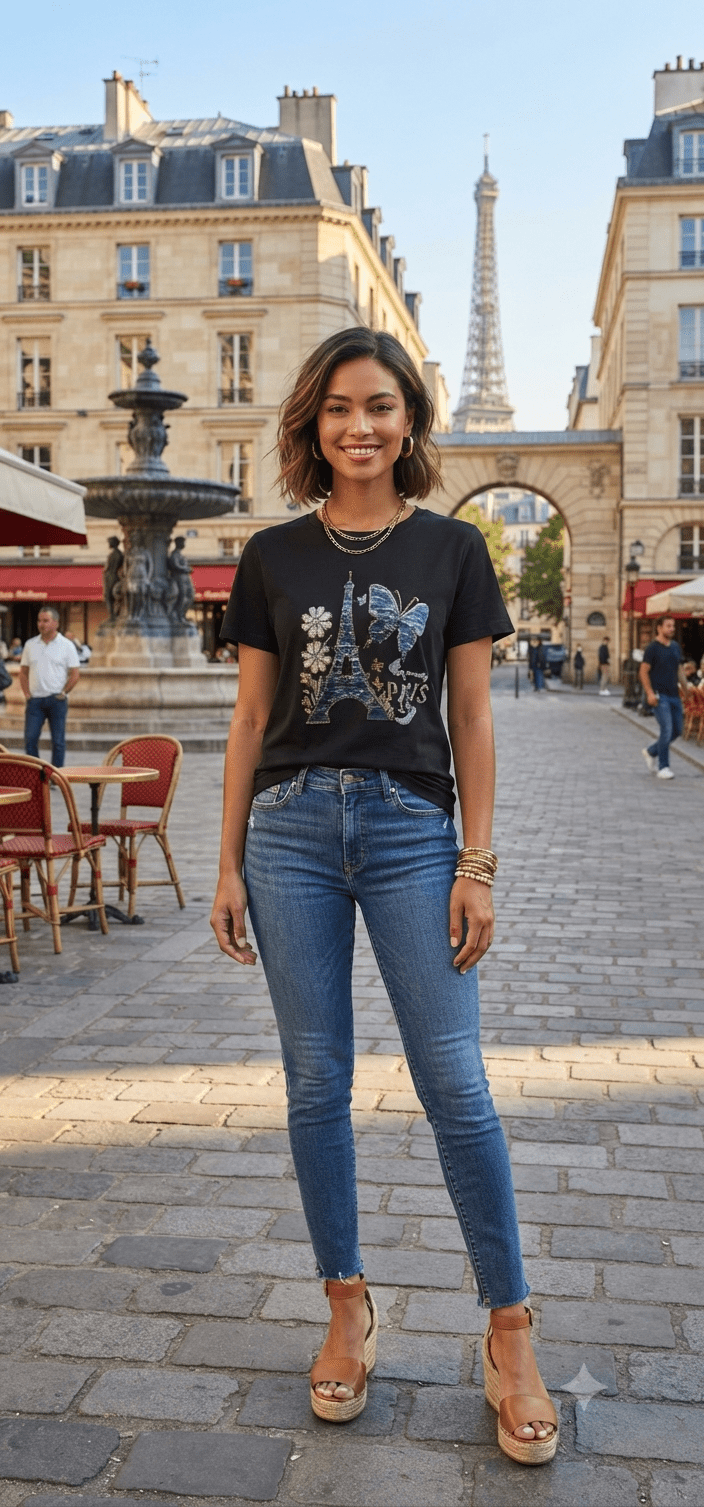 Paris Eiffel Tower Butterfly Graphic Tee | Women's Short Sleeve Top - Angelique Boutique