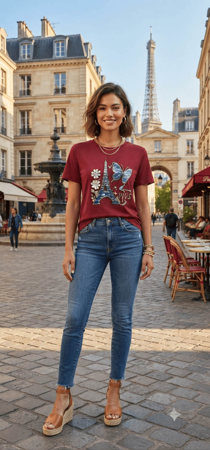 Paris Eiffel Tower Butterfly Graphic Tee | Women's Short Sleeve Top - Angelique Boutique