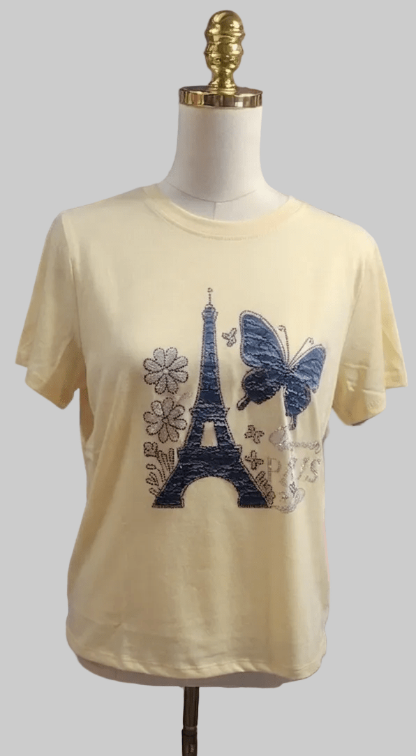 Paris Eiffel Tower Butterfly Graphic Tee | Women's Short Sleeve Top - Angelique Boutique