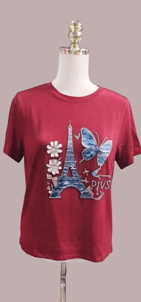 Paris Eiffel Tower Butterfly Graphic Tee | Women's Short Sleeve Top - Angelique Boutique