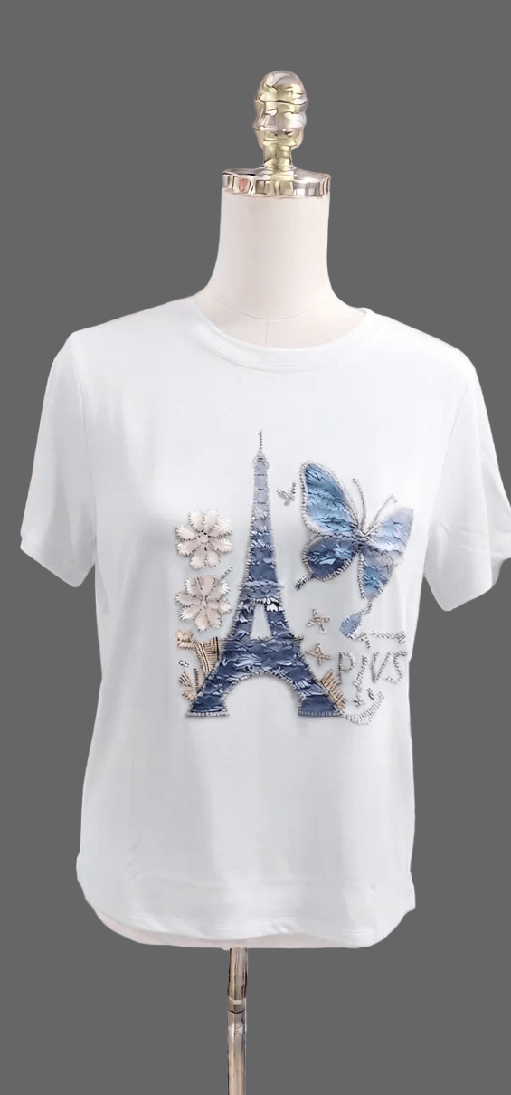 Paris Eiffel Tower Butterfly Graphic Tee | Women's Short Sleeve Top - Angelique Boutique