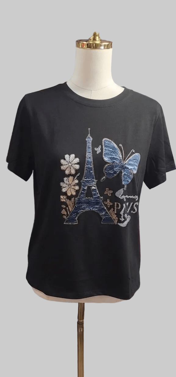 Paris Eiffel Tower Butterfly Graphic Tee | Women's Short Sleeve Top - Angelique Boutique