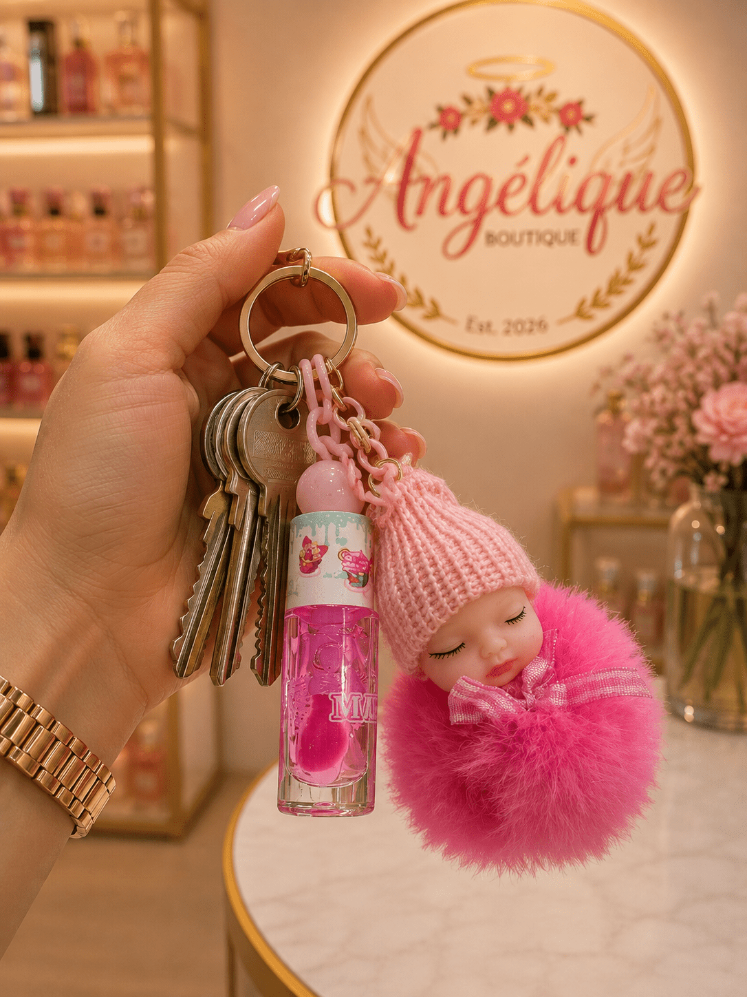 Pom Pom Keychain with Magic Lip Gloss – Cupcake Flavor - Angelique Boutique