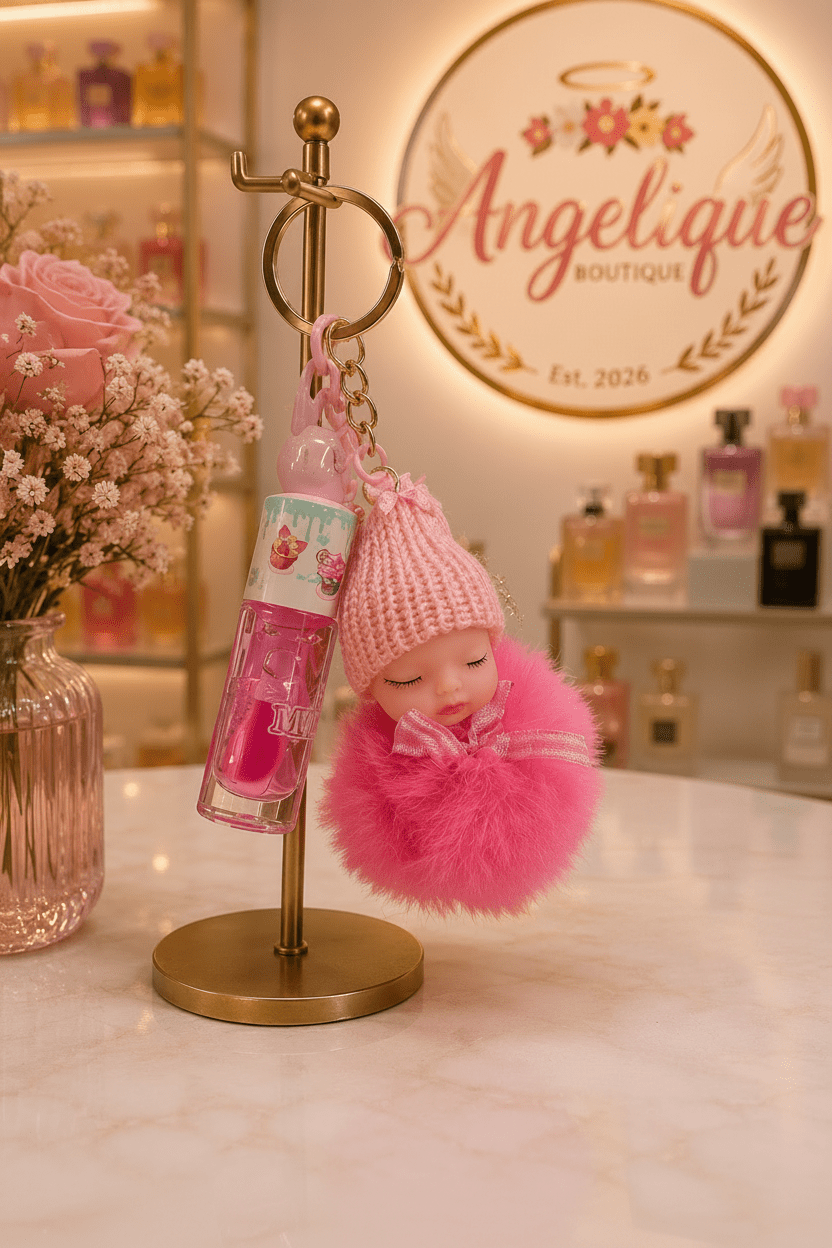 Pom Pom Keychain with Magic Lip Gloss – Cupcake Flavor - Angelique Boutique