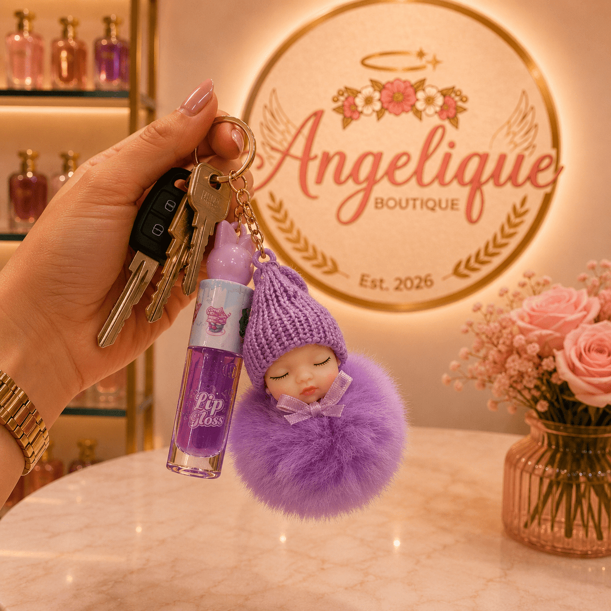 Pom Pom Keychain with Magic Lip Gloss – Cupcake Flavor - Angelique Boutique
