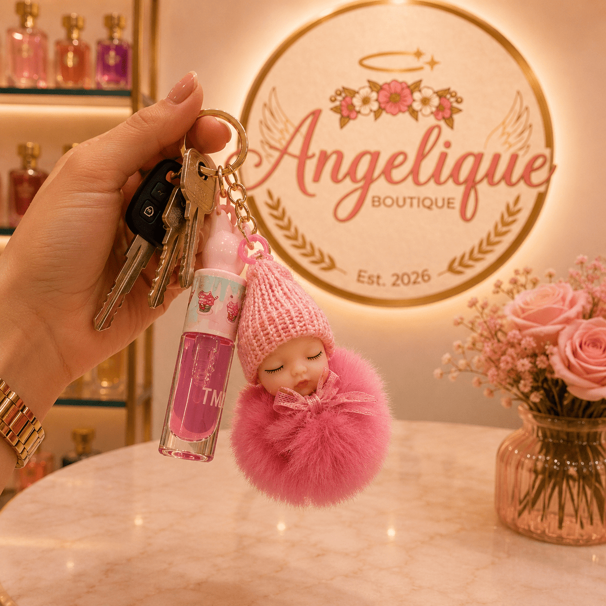 Pom Pom Keychain with Magic Lip Gloss – Cupcake Flavor - Angelique Boutique