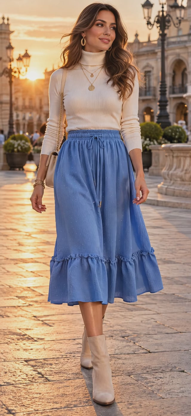 Model walking at sunset in a rhinestone midi skirt with a flowing ruffled hem.