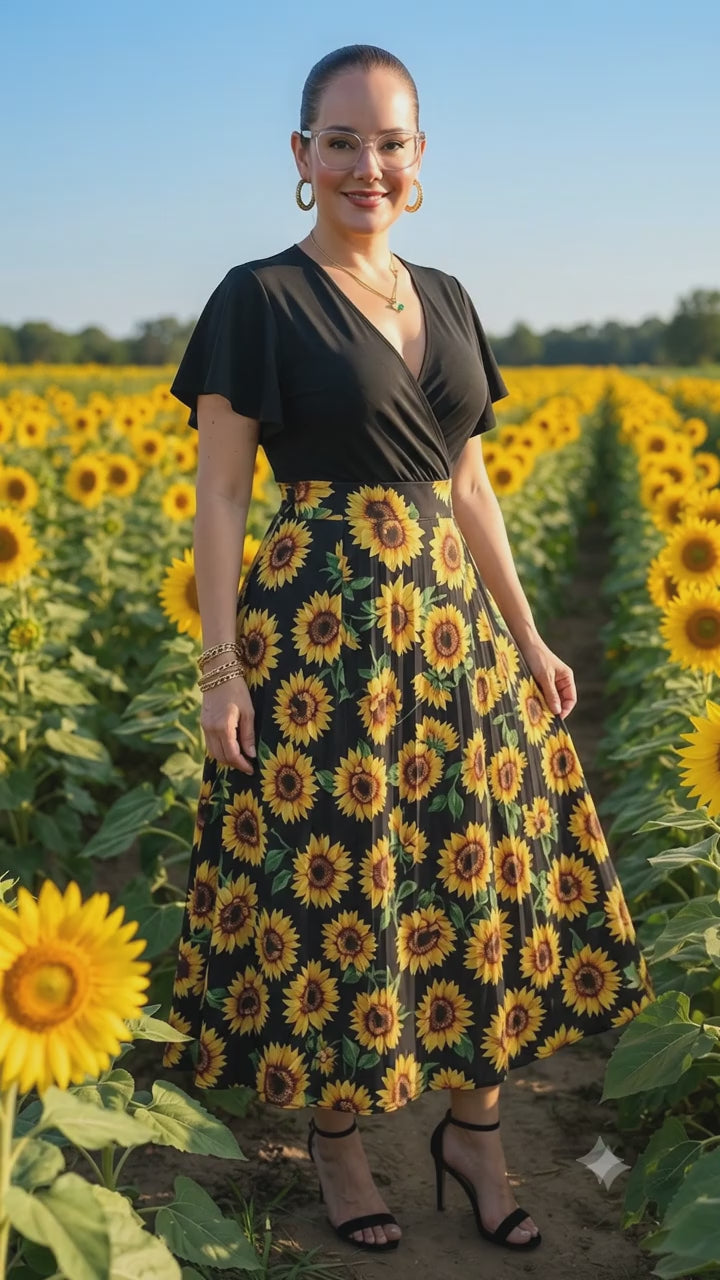 Sunflower Print Wrap Midi Dress