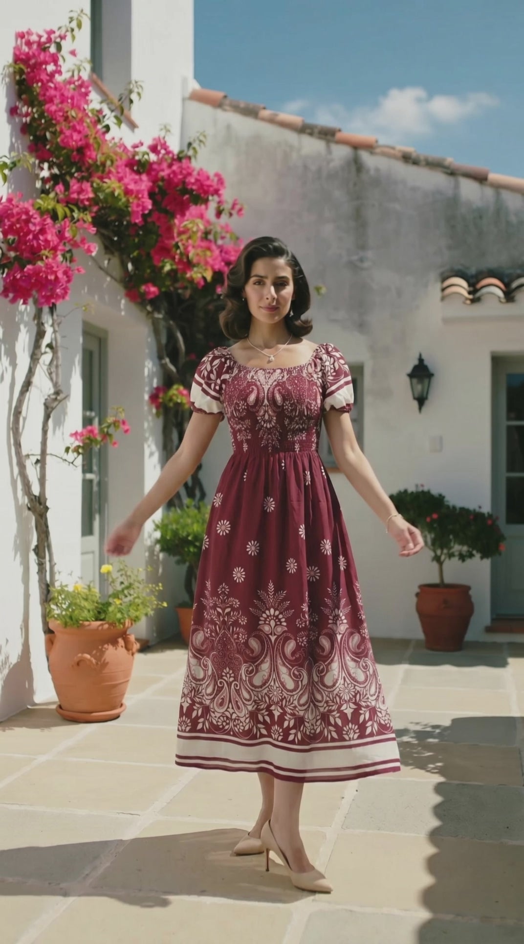 Vestido Floral con Estampado y Elástico en Cintura y Brazos