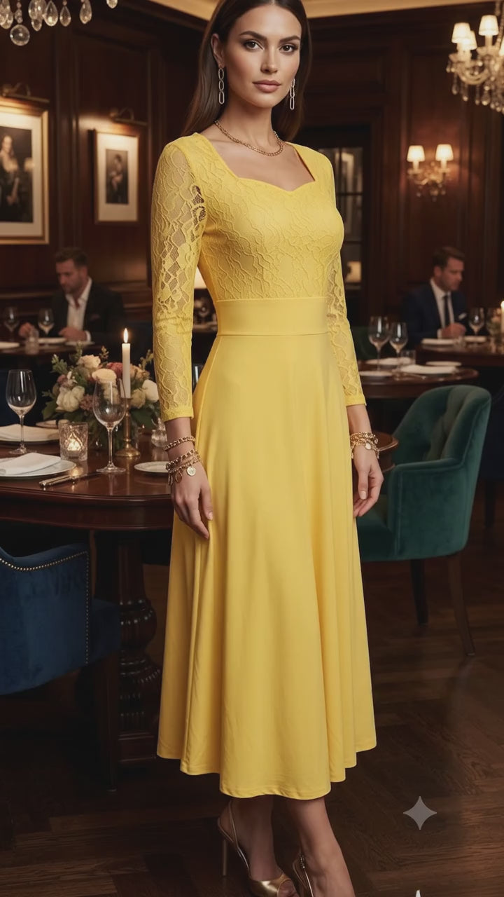 Elegant Lace Midi Dress with Flared Skirt