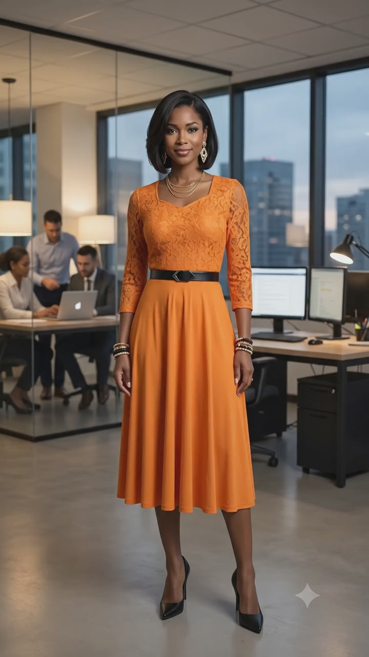 Elegant Lace Midi Dress with Flared Skirt