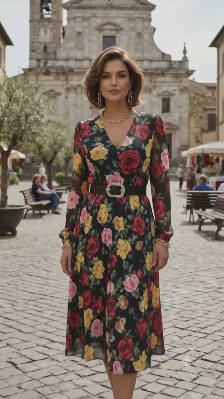 Women's Floral Midi Dress with Matching Cardigan