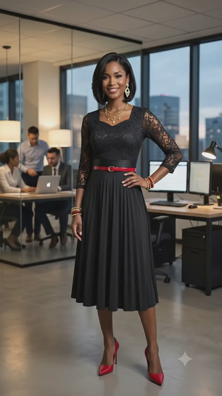 Elegant Lace Midi Dress with Flared Skirt