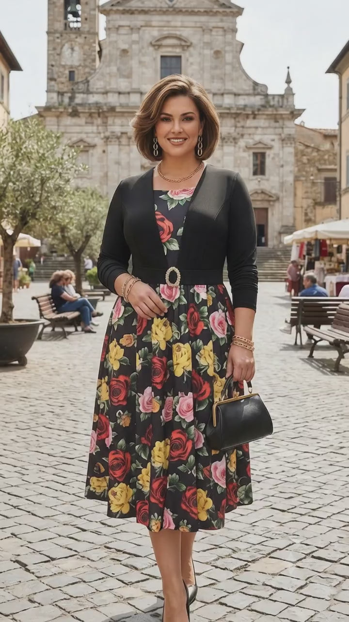 Women's Floral Midi Dress with Matching Cardigan