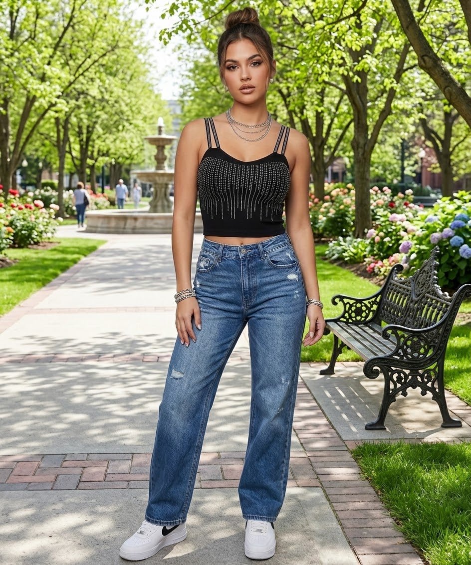 Rhinestone Fringe Crop Top | Women's Sparkle Camisole - Angelique Boutique