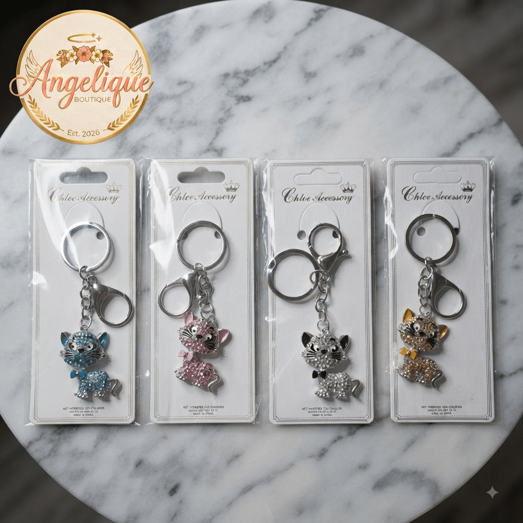 Rhinestone Kitty Cat Keychain Charm – Gold & Silver 5 Colors - Angelique Boutique