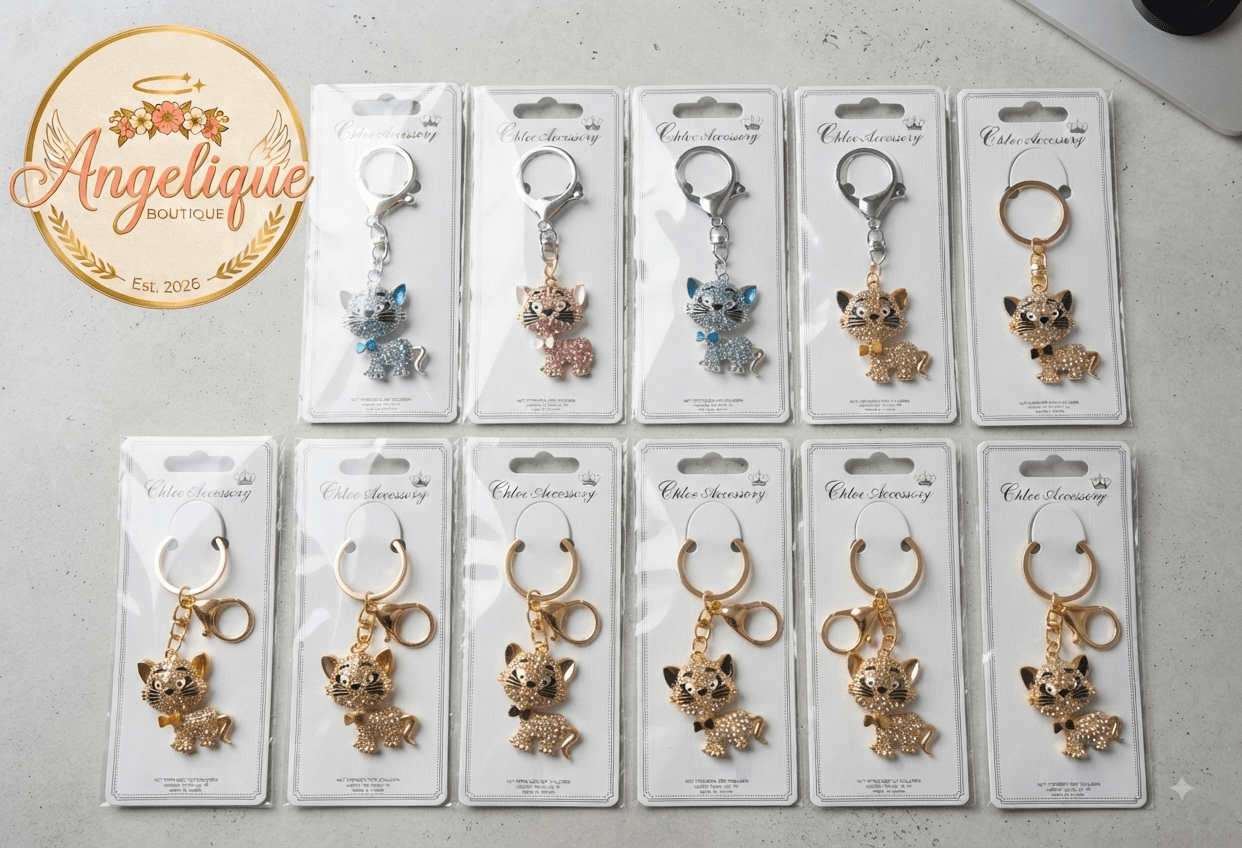 Rhinestone Kitty Cat Keychain Charm – Gold & Silver 5 Colors - Angelique Boutique