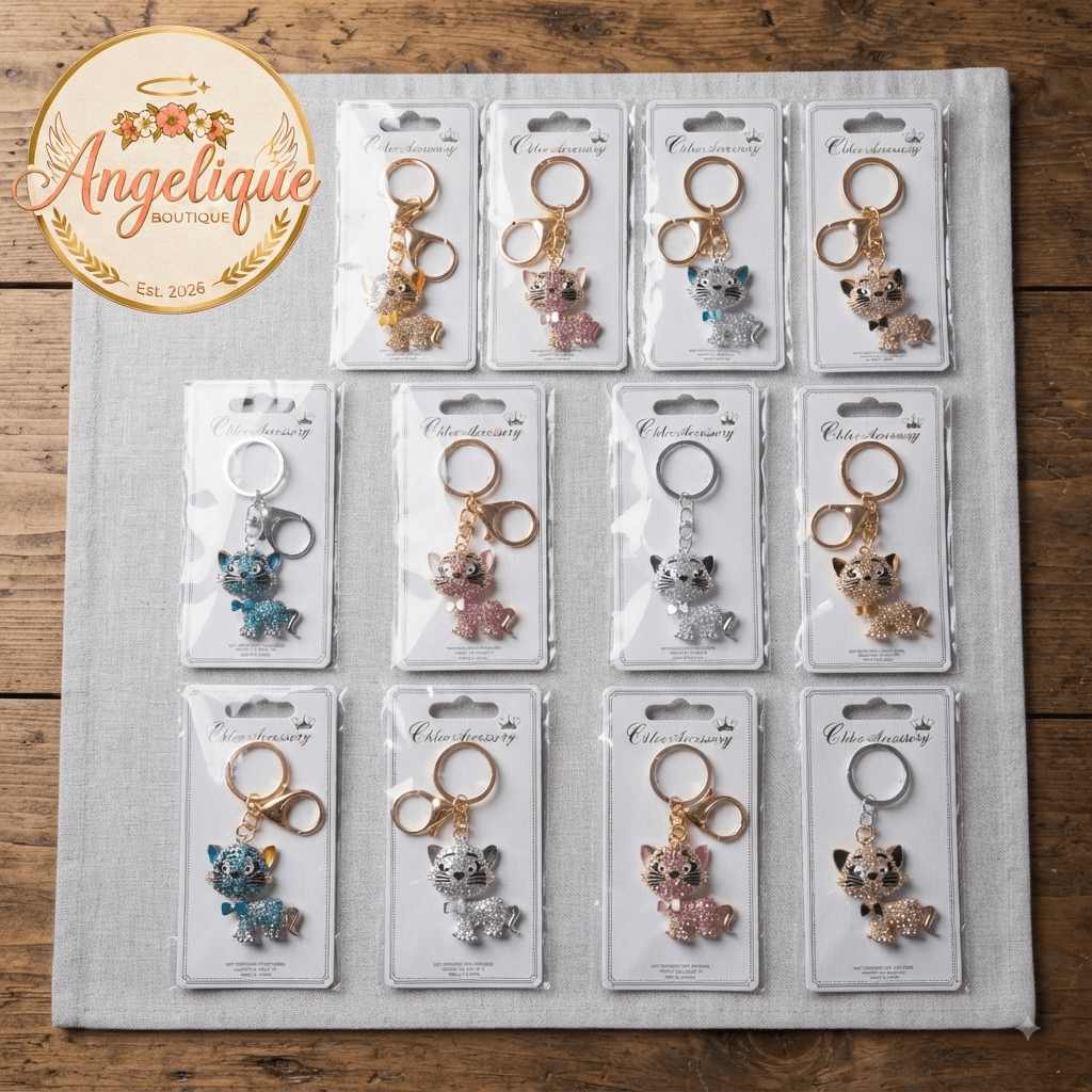 Rhinestone Kitty Cat Keychain Charm – Gold & Silver 5 Colors - Angelique Boutique
