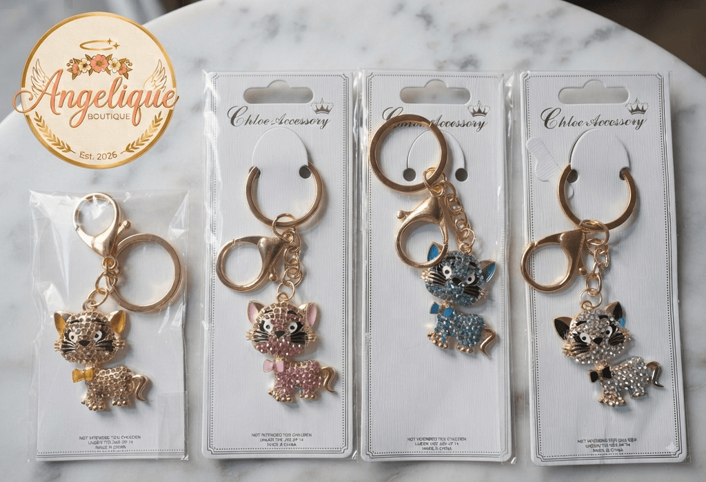 Rhinestone Kitty Cat Keychain Charm – Gold & Silver 5 Colors - Angelique Boutique