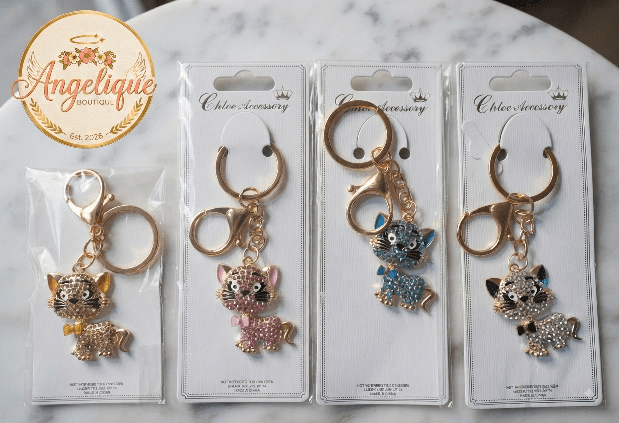 Rhinestone Kitty Cat Keychain Charm – Gold & Silver 5 Colors - Angelique Boutique