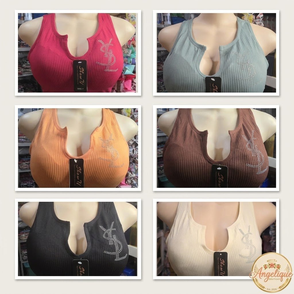Rhinestone Logo Ribbed Keyhole Crop Top | Women's Tank - Angelique Boutique