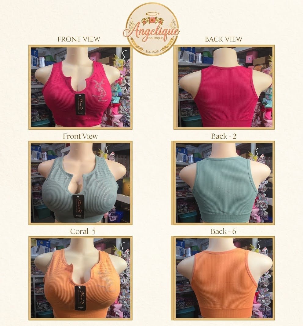 Rhinestone Logo Ribbed Keyhole Crop Top | Women's Tank - Angelique Boutique