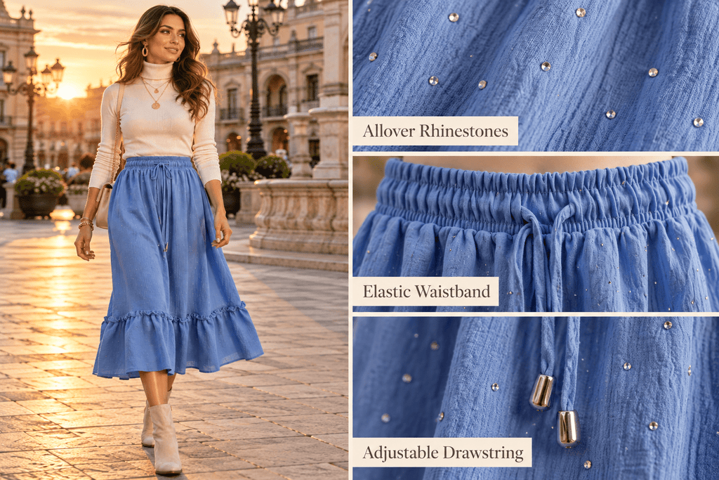 Rhinestone Midi Skirt with Drawstring Waist | S-M & L-XL - Angelique Boutique