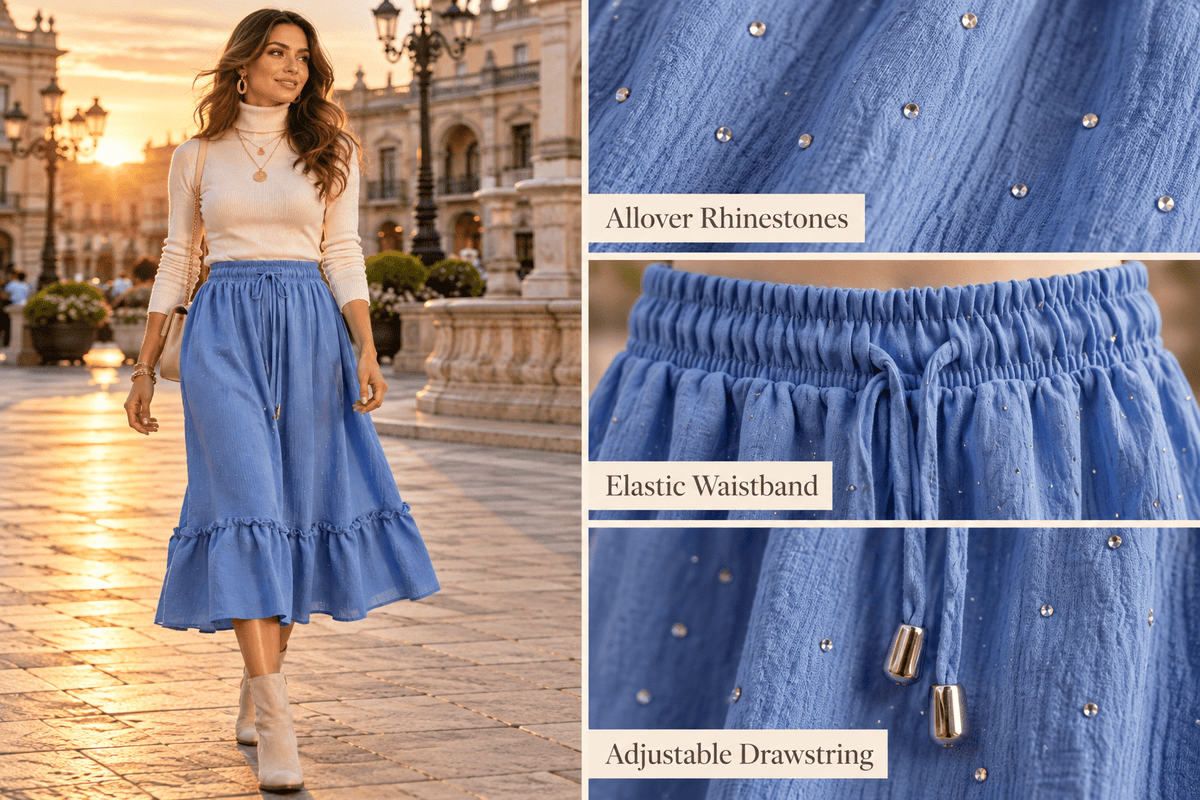Rhinestone Midi Skirt with Drawstring Waist | S-M & L-XL - Angelique Boutique