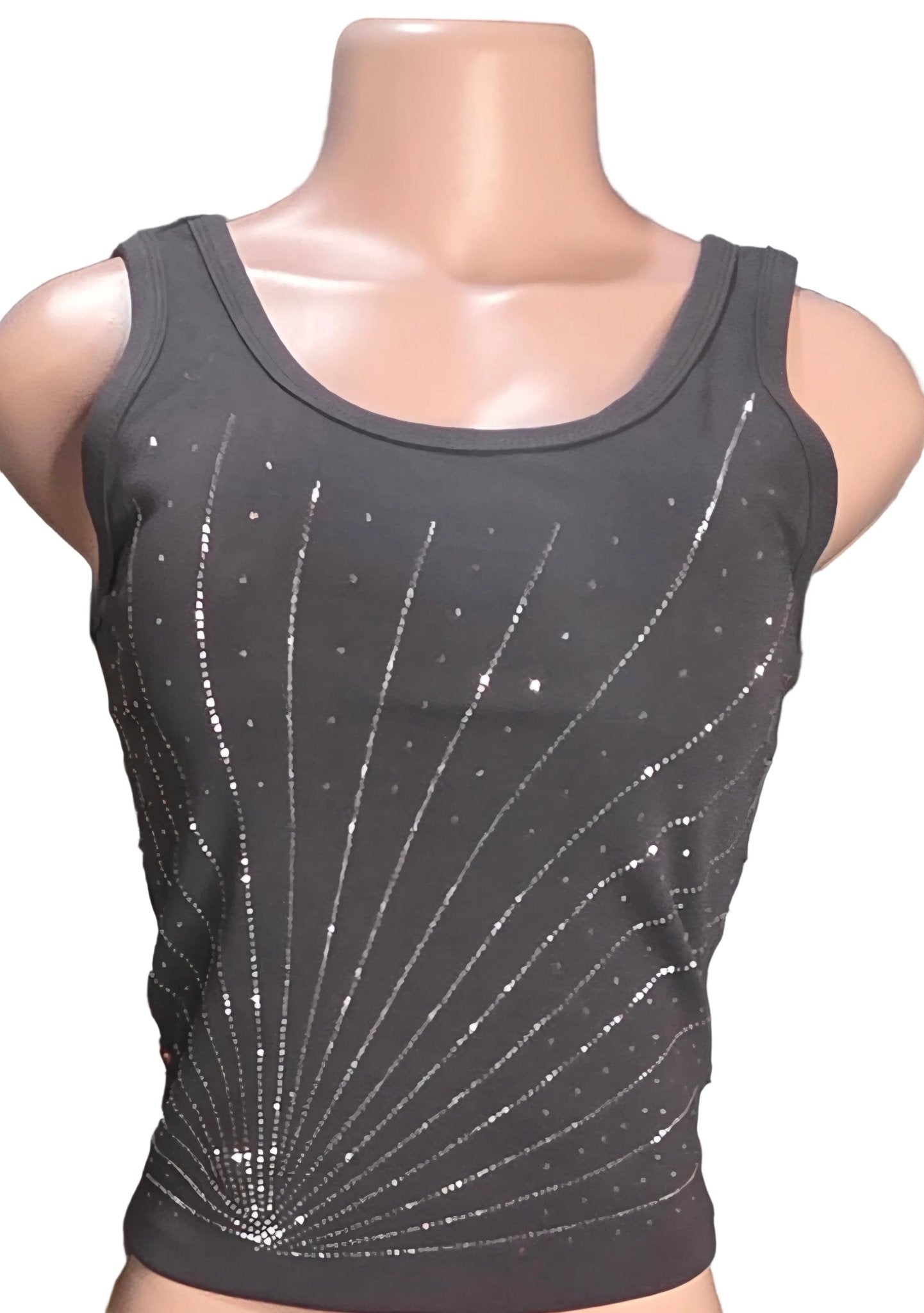 Rhinestone Sunburst Glam Tank Top – Black & Gray Women’s Top - Angelique Boutique