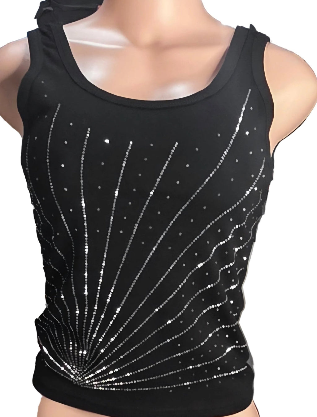 Rhinestone Sunburst Glam Tank Top – Black & Gray Women’s Top - Angelique Boutique