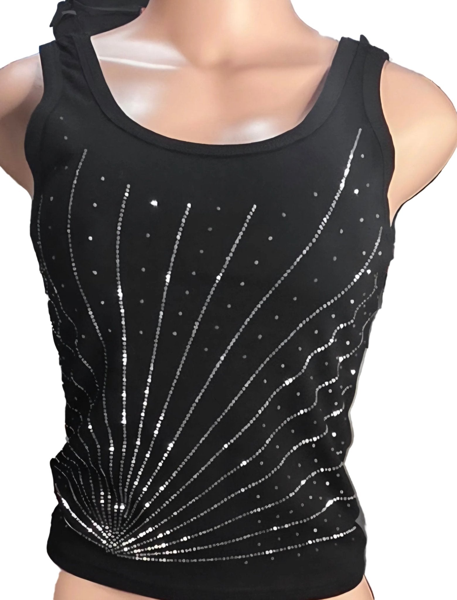 Rhinestone Sunburst Glam Tank Top – Black & Gray Women’s Top - Angelique Boutique