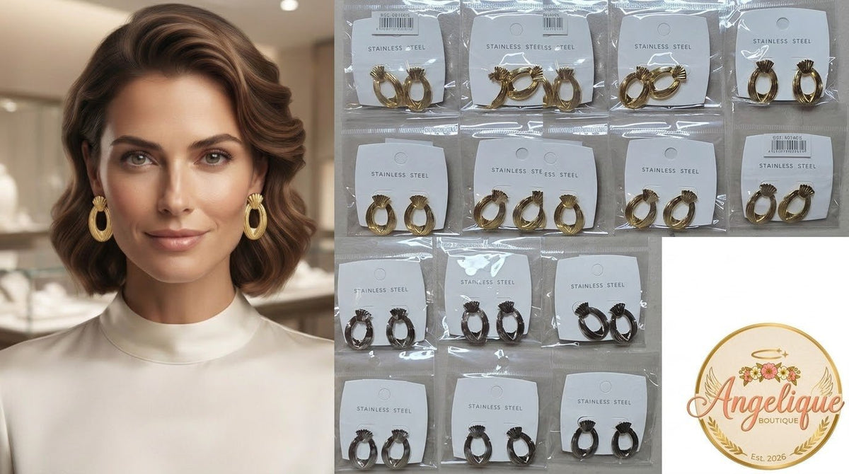 Ribbed Oval Hoop Earrings – Gold & Silver Stainless Steel - Angelique Boutique