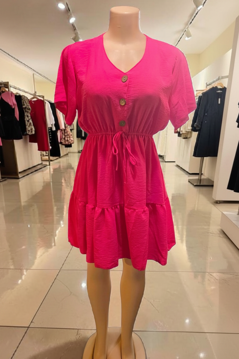 Vestido Corto con Escote en V | Botones y Cinta Ajustable en la Cintura