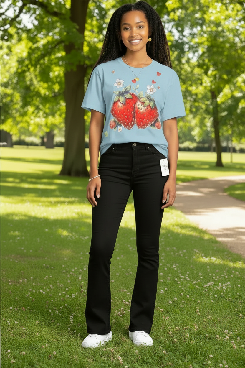 Blusa de Fresa con Pedrería y Brillo | Manga Corta Cuello Redondo