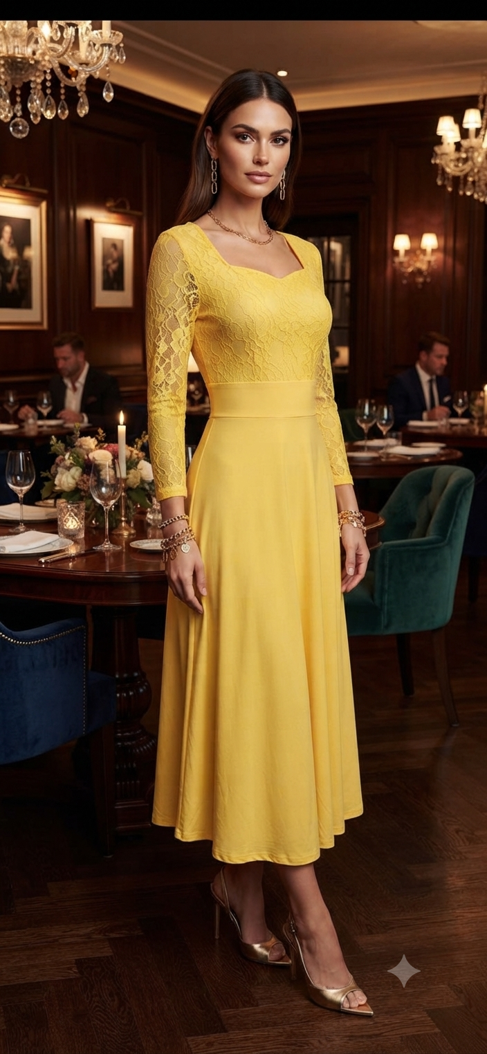 Elegant Lace Midi Dress with Flared Skirt