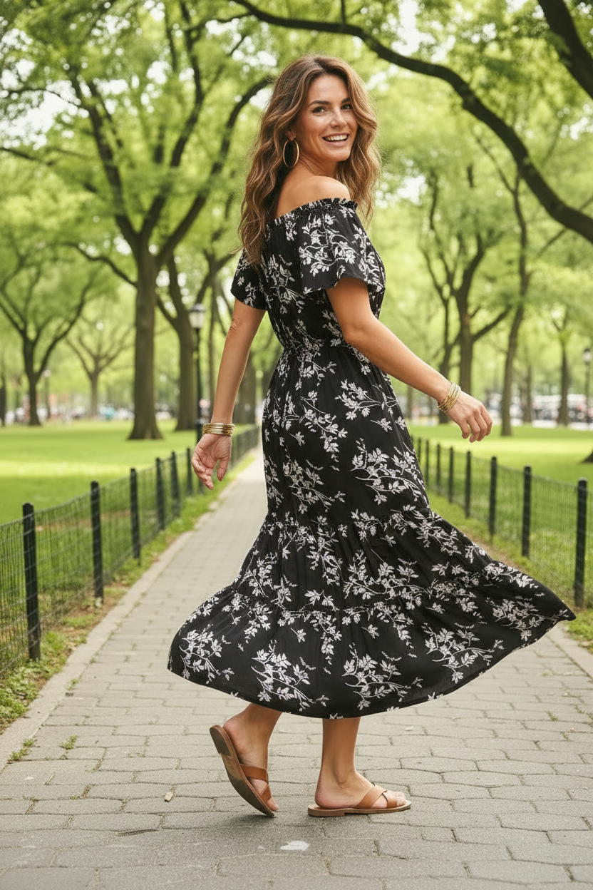 Vestido Largo Floral con Volantes en los Hombros – 2 Estilos en 1 | 65% Seda / 35% Poliéster