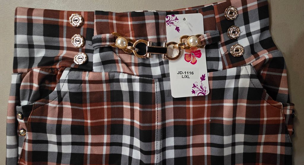Pantalón Capri de Cuadros con Cadena y Botones | Cintura Elástica