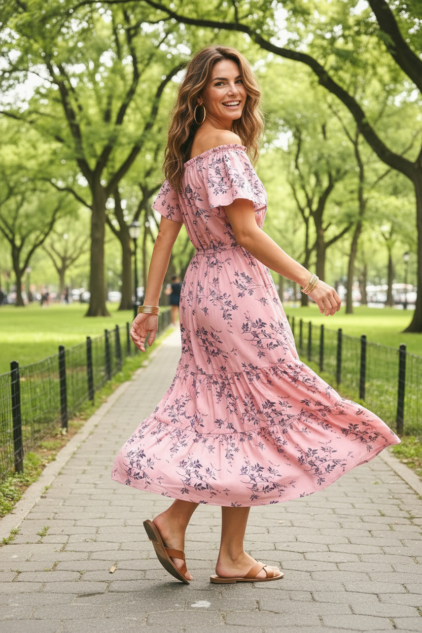 Vestido Largo Floral con Volantes en los Hombros – 2 Estilos en 1 | 65% Seda / 35% Poliéster