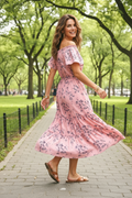 Vestido Largo Floral con Volantes en los Hombros – 2 Estilos en 1 | 65% Seda / 35% Poliéster