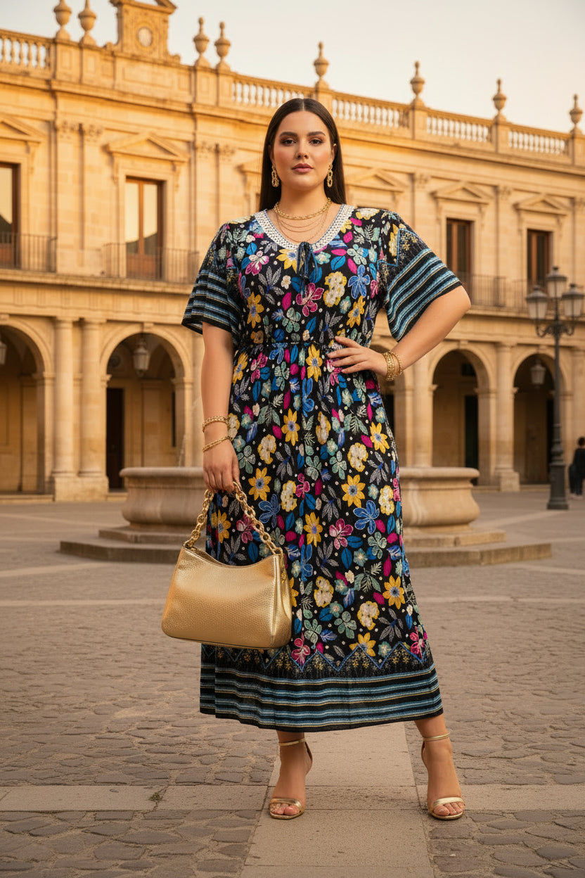Vestido Floral Largo con Escote en V | Semitejido con Elástico en Cintura