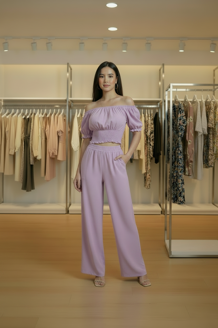 Set de 2 Piezas Mujer Top y Pantalón Fluido | Verde Claro Rosa Kaki Morado