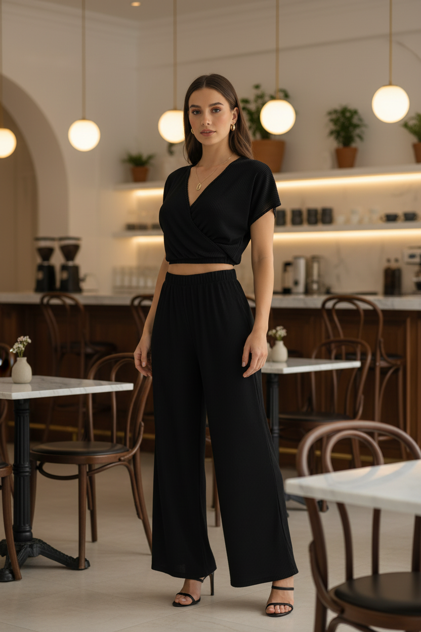 Set Palazzo y Top Escote en V | Negro | 100% Poliéster