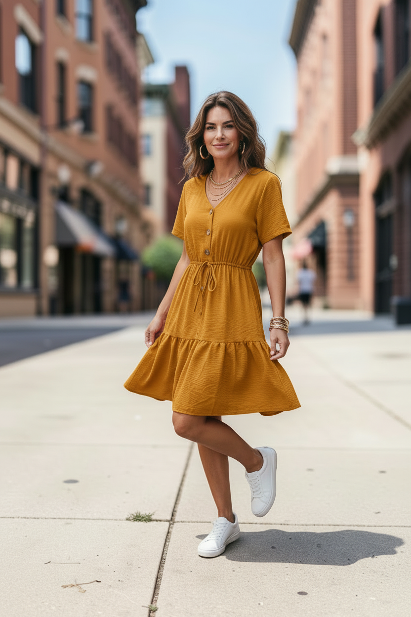 Vestido Corto con Escote en V | Botones y Cinta Ajustable en la Cintura