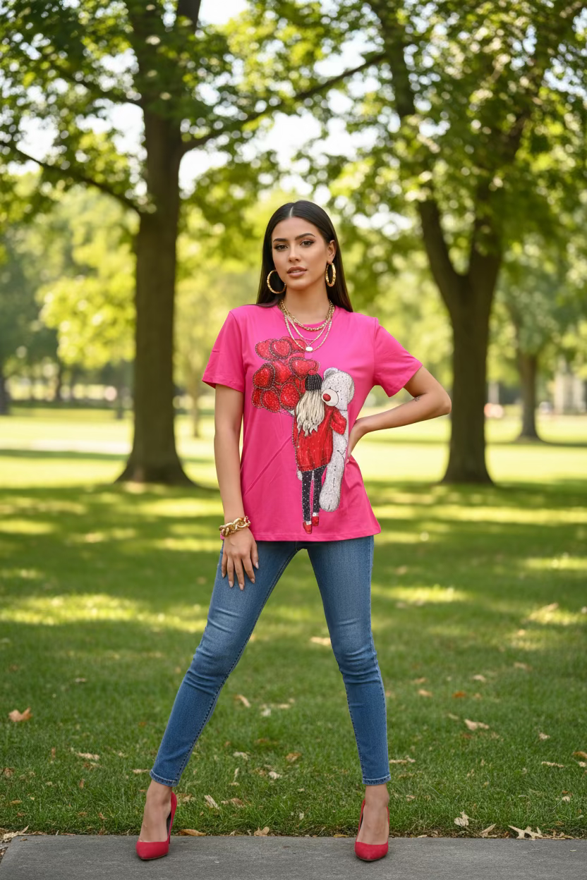 Blusa Rosa Fucsia con Pedrería | Alta Calidad | Manga Corta