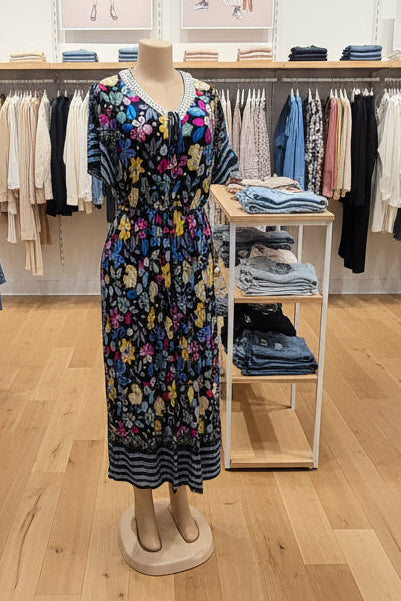 Vestido Floral Largo con Escote en V | Semitejido con Elástico en Cintura