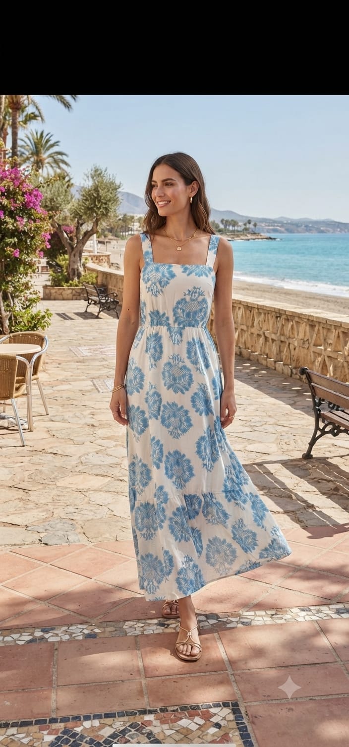 Vestido Maxi Largo Floral Cuello Cuadrado Pequeño-Mediano y Grande-Extragrande