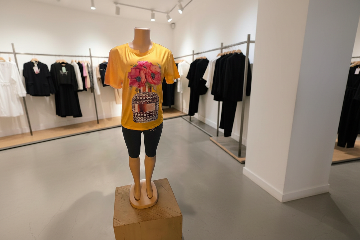 Blusa Manga Corta Floral con Piedrería y Brillo de Alta Calidad – 60% Rayón / 35% Nylon / 5% Elastano