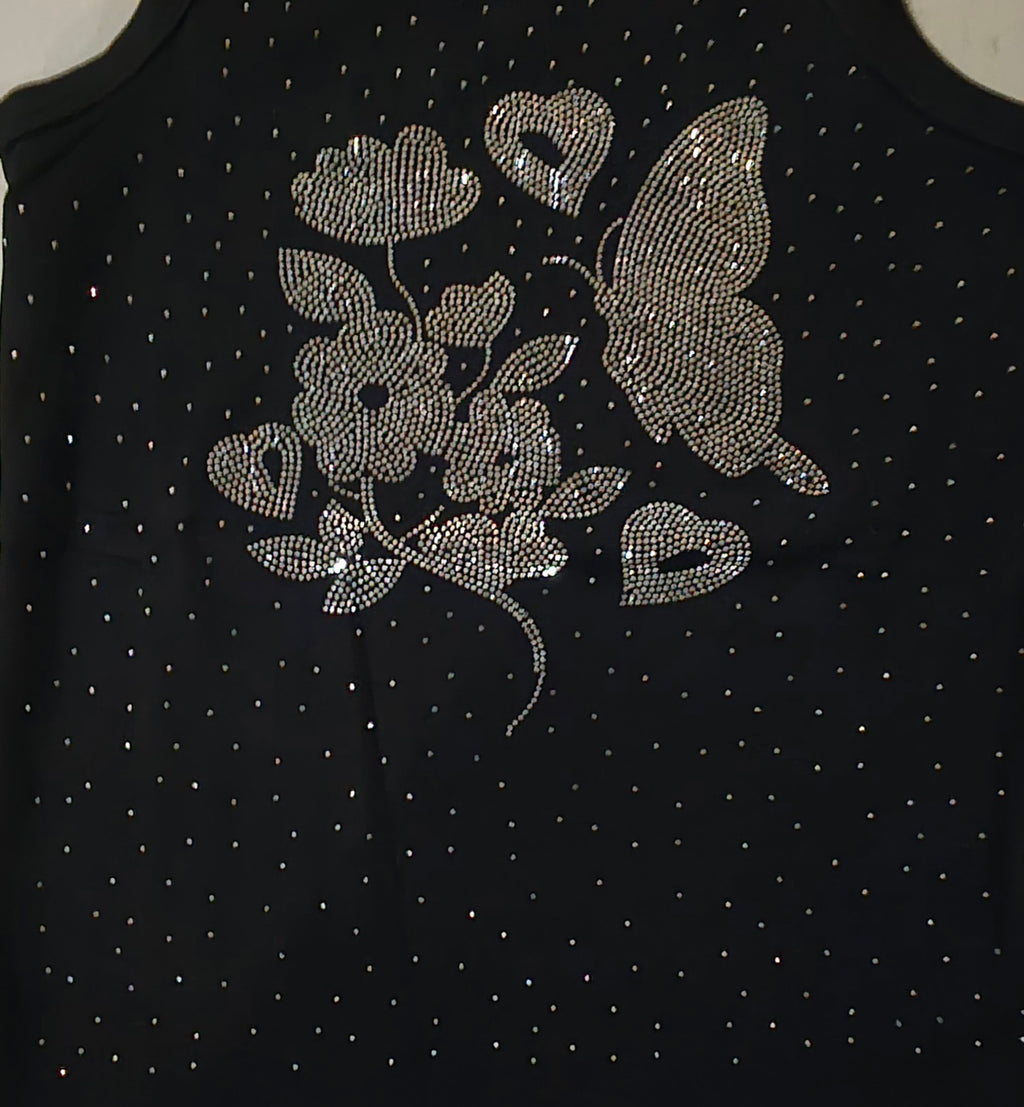 Sleeveless Butterfly & Floral Rhinestone Blouse | Angelique Boutique